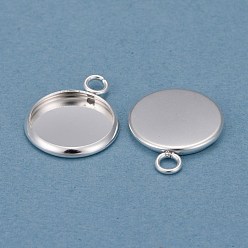 Silver 304 Stainless Steel Pendant Cabochon Settings, Plain Edge Bezel Cups, Flat Round, Silver, Tray: 12mm, 17.5x14x2mm, Hole: 2.2mm