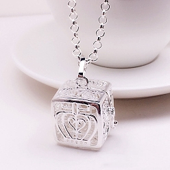Silver Brass Cage Pendant Necklaces, Square with Crown, Silver, 19.69~31.50 inch(50~80cm) 