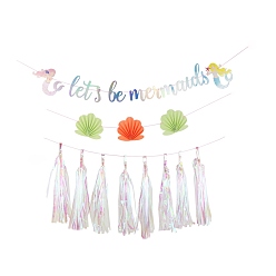 Colorful Mermaid & Shell Shaped Paper Flags, Tassel Hanging Banner, for Birthday Party Decorations, Colorful, 2000mm