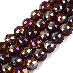 Saddle Brown Transparent Glass Beads Strands, Round, Faceted(96 Facets), AB Color Plated, Saddle Brown, 8mm, Hole: 1~1.2mm, about 67~71pcs/strand, 19.29~20.87 inch(49~53cm)