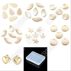 Real 24K Gold Plated 56Pcs 7 Style Brass Pendants, Mixed Shapes, Real 24K Gold Plated, 9.5~23x8~11x0.5~1mm, Hole: 1~1.2mm, 8pcs/style