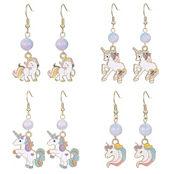 Mixed Color Alloy Enamel Unicorn Dangle Earrings with Glass Beaded, 304 Stainless Steel Earrings, Mixed Color, 50~58x13.5~31mm