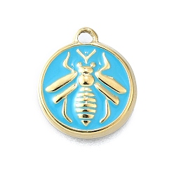 Темно-Голубой 304 прелести нержавеющей стали, настоящее 14k позолоченное плоское круглое с пчелой, с эмалью, ионное покрытие (ip), глубокое синее небо, 14.5x12.5x2 мм, отверстие : 1.4 мм