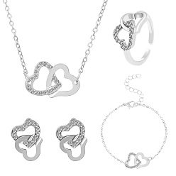 Heart Rhinestone Jewelry Set, Alloy Pendant Necklace & Stud Earring & Link Bracelet & Cuff Ring, Heart, 430~450mm, 12x12mm, Inner Diameter: 12mm, Inner Diameter: 51mm 