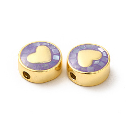 Dark Orchid Rack Plating Brass Enamel Beads, with Shell Chips, Long-lasting Plated, Cadmium Free & Lead Free, Flat Round with Heart, Golden, Dark Orchid, 11x4.5mm, Hole: 1.8mm