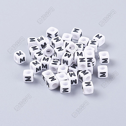 Letter M Акриловые бусины с горизонтальными отверстиями, с эмалью, кубические, Буква М, 6x6x6 мм, отверстие : 3.2 мм