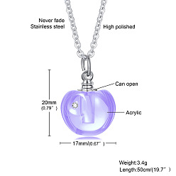 Lilac Glass Apple Perfume Bottle Necklaces, with Stainless Steel Cable Chains, Lilac, 19.69 inch(50cm)