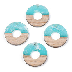 Cyan Transparent Resin & White Wood Pendants, Two Tone, Donut/Pi Disc Charms, Cyan, Donut Width: 13.3mm, 28x4mm, Hole: 1.5mm