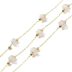 Rose Quartz Ion Plating(IP) 316 Surgical Stainless Steel Paperclip Chains, with Natural Rose Quartz Column Beads, Soldered, Real 18K Gold Plated, with Spool, Link: 2.5x1x0.3mm