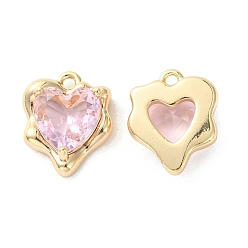 Pink Brass Micro Pave Cubic Zirconia Charms, Heart Charm, Real 18K Gold Plated, Pink, 13x11x4.5mm, Hole: 1.2mm