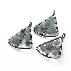 Green Aventurine Long-Lasting Plated Brass Pendants, Wire Wrapped Pendants, with Natural Green Aventurine Chips, Triangle with Tree, Red Copper, 39~40x30~31x4~8mm, Hole: 4.5mm