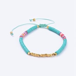 Medium Turquoise Adjustable Braided Bead Bracelets, with Handmade Polymer Clay Heishi Beads and Brass Beads, Medium Turquoise, 2-3/8 inch~3-5/8 inch(6~9.2cm)
