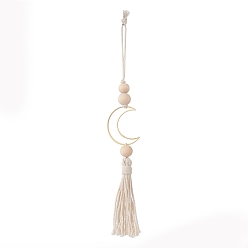 Creamy White Natural Wood Bead Tassel Pendant Decoraiton, Moon Brass Linking Rings and Macrame Cotton Cord Hanging Ornament, Creamy White, 285mm
