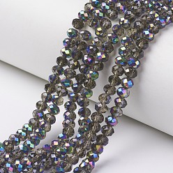 Dark Gray Electroplate Transparent Glass Beads Strands, Half Multi-color Plated, Faceted, Rondelle, Dark Gray, 4x3mm, Hole: 0.4mm, about 130pcs/strand, 16.54 inch(42cm)