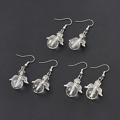 Quartz Crystal Natural Quartz Crystal Round Beaded Fairy Dangle Earrings, Platinum Brass Jewelry for Women, Cadmium Free & Lead Free, 45mm, Pin: 0.7mm