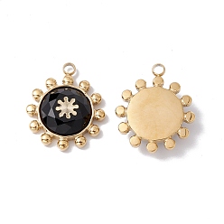 Black Onyx Natural Black Onyx Pendants, with Ion Plating(IP) Real 24K Gold Plated 304 Stainless Steel Findings, Dyed & Heated, Faceted Flower Charm, 20x17x4.5mm, Hole: 2mm