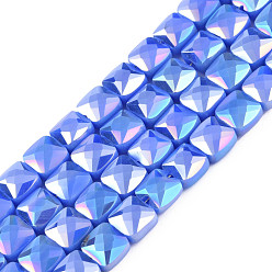 Royal Blue Electroplate Opaque Solid Color Glass Beads Strands, AB Color Plated, Faceted, Square, Royal Blue, 6.5x6.5x4.5mm, Hole: 1.2mm, about 97~99Pcs/strand, 25 inch(63.5cm)