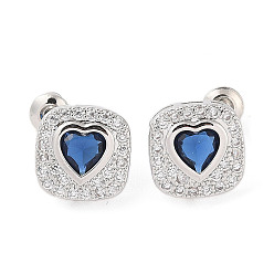 Royal Blue Rack Plating Brass Micro Pave Cubic Zirconia Stud Earrings, Long-lasting Plated, Square with Heart, Royal Blue, 13x13mm