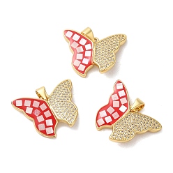 Красный Латунные микро проложить кубического циркония подвески, с эмалью и ракушкой, долговечный, без свинца и без кадмия, реальный 18 k позолоченный, бабочка, красные, 20x25x3 мм, отверстие : 4x5 мм
