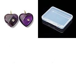 Améthyste 2 pendentifs en améthyste naturelle, breloques en forme de cœur avec micro pavé en laiton et zircones cubiques transparentes, or, 30~32x25x8mm, Trou: 1.5mm