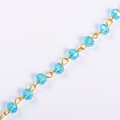 Bleu Ciel Chaînes de perles de verre rondelles faites main pour colliers fabrication de bracelets, avec épingle à œil en fer doré, non soudée, bleu ciel, 39.3 pouce, perles de verre: 6x4 mm