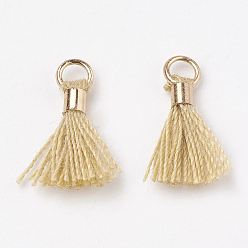 Wheat Polycotton(Polyester Cotton) Tassel Pendant Decorations, Mini Tassel, with Brass Findings, Light Gold, Wheat, 10~15x3~4mm, Hole: 2mm