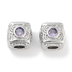 Лиловый Латунные микро проложить кубического циркония бусы, платина, кубические, сирень, 7.5x7.5x7.5 мм, отверстие : 3 мм