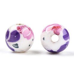 Темная Орхидея Ручной печатный шарики фарфора, круглые, темные орхидеи, 8 мм, отверстие : 2 мм