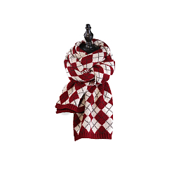 Dark Red Christmas Theme Knitting Wool Long Polyester Scarf, Couple Style Winter/Fall Warm Soft Scarves, Rhombus Pattern, Dark Red, 188mm