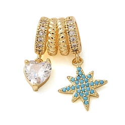 Golden Brass Micro Pave Cubic Zirconia European Dangle Charms, Large Hole Pendants, Star & Heart, Golden, 22.5x10.5x7.5mm, Hole: 5.5x4.3mm