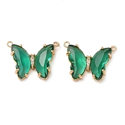 Medium Sea Green Brass Pave Faceted Glass Connector Charms, Golden Tone Butterfly Links, Medium Sea Green, 17.5x23x5mm, Hole: 0.9mm