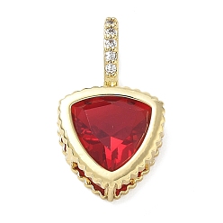 Red Brass Pave Cubic Zirconia Pendants, Triangle Charms, Long-Lasting Plated, Rack Plating, Lead Free & Cadmium Free, Real 18K Gold Plated, Red, 21x12x6mm, Hole: 7x5mm