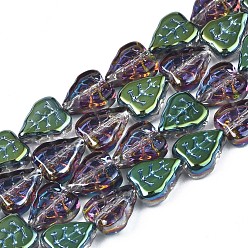 Green Plated Electroplate Glass Beads Strands, Half Plated, Leaf, Green Plated, 10x8x4mm, Hole: 0.9mm, about 58~66pcs/strand, 21.65 inch~ 24.80 inch(55~63cm)
