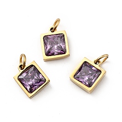 Medium Purple Vacuum Plating 304 Stainless Steel Pendants, with Cubic Zirconia and Jump Rings, Single Stone Charms, Square, Golden, Medium Purple, 9.5x8x3.5mm, Hole: 3.4mm