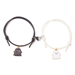 Black 2Pcs 2 Color Alloy Enamel Ghost Charm Bracelets Set, Magnetic Heart Couple Bracelets with Waxed Polyester, Black and White, Inner Diameter: 2-1/4 inch(5.6cm), 1Pc/color