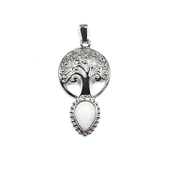 White Jade Natural White Jade Teardrop Pendants, Tree of Life Charms with Platinum Plated Metal Findings, 49x26mm