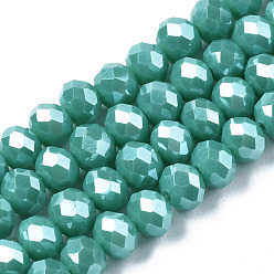 Medium Turquoise Electroplate Glass Beads Strands, Pearl Luster Plated, Faceted, Rondelle, Medium Turquoise, 4x3mm, Hole: 0.4mm, about 123~127pcs/strand, 17~17.5 inch(43~44cm)