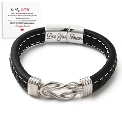 Black Word Love You Forever Stainless Steel Interlocking Knot Link Bracelet, Braided Leather Wristband Gifts for Son, Black, 8-7/8 inch(22.5cm)