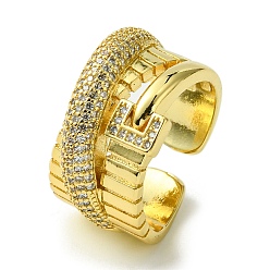 Real 16K Gold Plated Brass Micro Pave Cubic Zirconia Open Cuff Rings, Criss Cross, Real 16K Gold Plated, US Size 8 1/2(18.5mm)