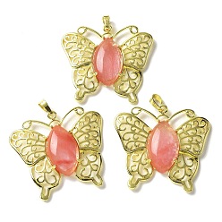 Вишневый Кварц Вишневое из кварцевого стекла подвески, латунные подвески-бабочки, золотые, стойки покрытие, без кадмия и без свинца, 41.5x45x8 мм, отверстие : 8x4.5 мм