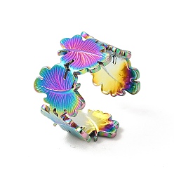 Rainbow Color Ion Plating(IP) 304 Stainless Steel Maple Leaf Open Cuff Ring for Women, Rainbow Color, Inner Diameter: US Size 6 3/4(17.1mm)