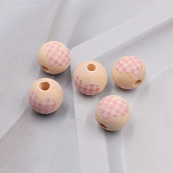 Pink Valentine's Day Wood European Beads, Large Hole Bead, Round with Tartan Love Heart, Pink, 16mm, Hole: 4mm