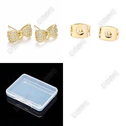Doré  5 paires de boucles d'oreilles en laiton plaqué or avec micro pavé de zircones cubiques, avec boucle, sans cadmium et sans plomb, plaqué longue durée, bowknot, avec 10 pièces de placage de support écrous à friction en laiton, or, 8x15x5mm, Trou: 1.7mm, pin: 0.8 mm