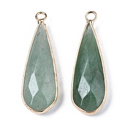 Green Aventurine Natural Green Aventurine Pendants, with Golden Plated Brass Edge and Loop, Teardrop, Faceted, 36~37x12x6mm, Hole: 2.5mm