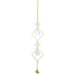 Rhombus Glass Pendant Decorations, Hanging Suncatchers, with Brass Findings, for Home Decoration, Rhombus Pattern, 430mm