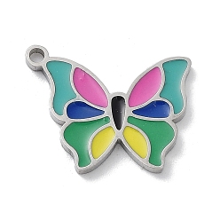 Stainless Steel Color 304 Stainless Steel Pendants, with Enamel, Butterfly Charm, Stainless Steel Color, 13x16x1.5mm, Hole: 1.4mm