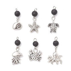 Античный Серебристый & Платиновый 6 шт. Подвески из сплава в тибетском стиле, с круглой бусиной из натурального лавового камня, старинное серебро и платина, 24~31 мм