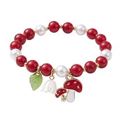 Red Natural Mashan Jade & Acrylic Pearl Stretch Bracelets, with Alloy Enamel Mushroom Charms, Red, Inner Diameter: 2 inch(5.2cm)