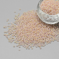 Misty Rose 12/0 Grade A Round Glass Seed Beads, Transparent Frosted Style, AB Color Plated, Misty Rose, 2x1.5mm, Hole: 0.8mm, about 30000pcs/bag