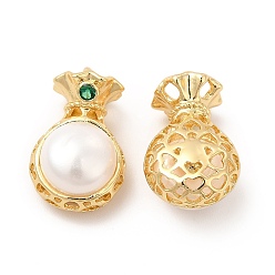 Real 14K Gold Plated Natural Pearl Pendants, Money Bag Charms, with Brass Pave Green Cubic Zirconia, Real 14K Gold Plated, 19x11x9.5mm, Hole: 2mm